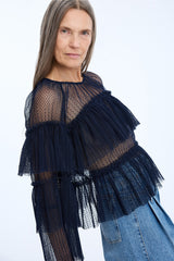 MUNTHE Naria Women's Sheer Dotted Mesh Ruffled Blouse - EU38/UK10 - Navy