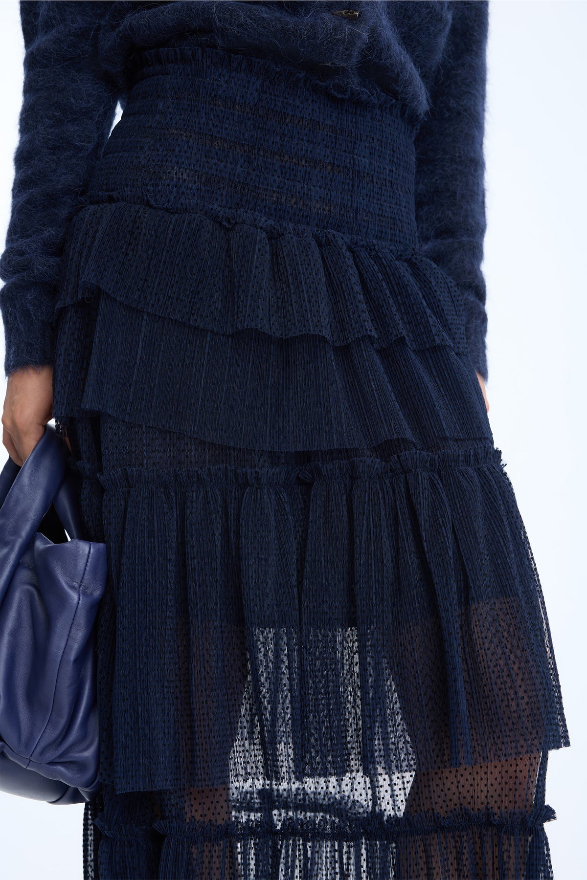 MUNTHE Nessarose Women's Polka Dot Tiered Sheer Tulle Maxi Skirt EU38 - Navy