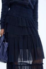 MUNTHE Nessarose Women's Polka Dot Tiered Sheer Tulle Maxi Skirt EU38 - Navy