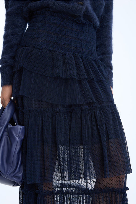 MUNTHE Nessarose Women's Polka Dot Tiered Sheer Tulle Maxi Skirt EU38 - Navy