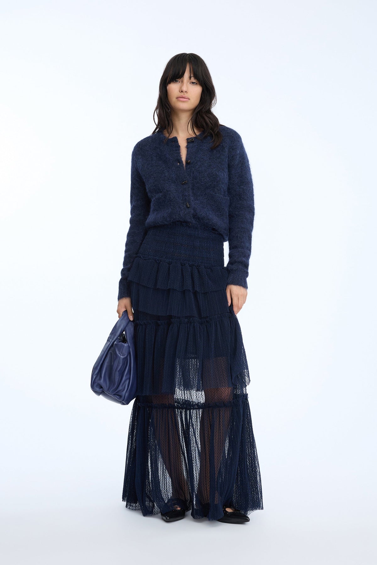 MUNTHE Nessarose Women's Polka Dot Tiered Sheer Tulle Maxi Skirt EU38 - Navy