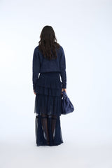MUNTHE Nessarose Women's Polka Dot Tiered Sheer Tulle Maxi Skirt EU38 - Navy