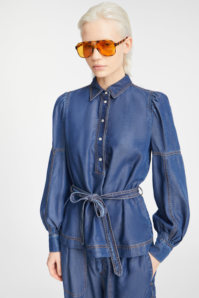 MUNTHE Women's Pikine Balloon Sleeves Tencel Denim Top - Blue - EU 40/UK 12