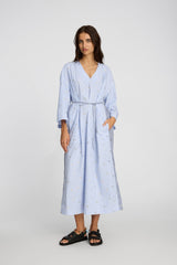 MUNTHE BYRUS Stripes Cotton V-Neck Midi Dress - Blue/White - EU 40/UK 12
