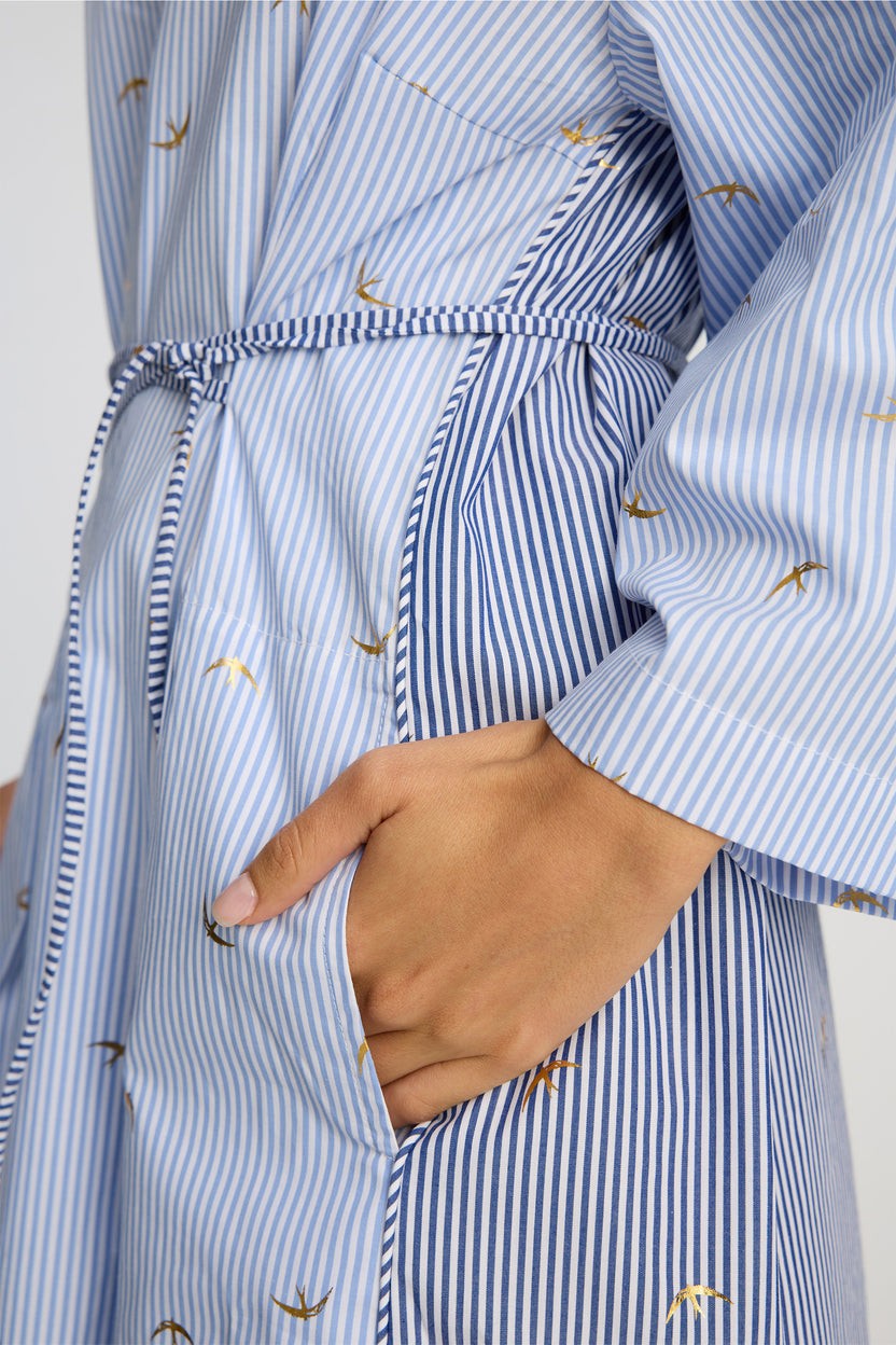 MUNTHE BYRUS Stripes Cotton V-Neck Midi Dress - Blue/White - EU 40/UK 12