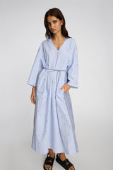 MUNTHE BYRUS Stripes Cotton V-Neck Midi Dress - Blue/White - EU 40/UK 12