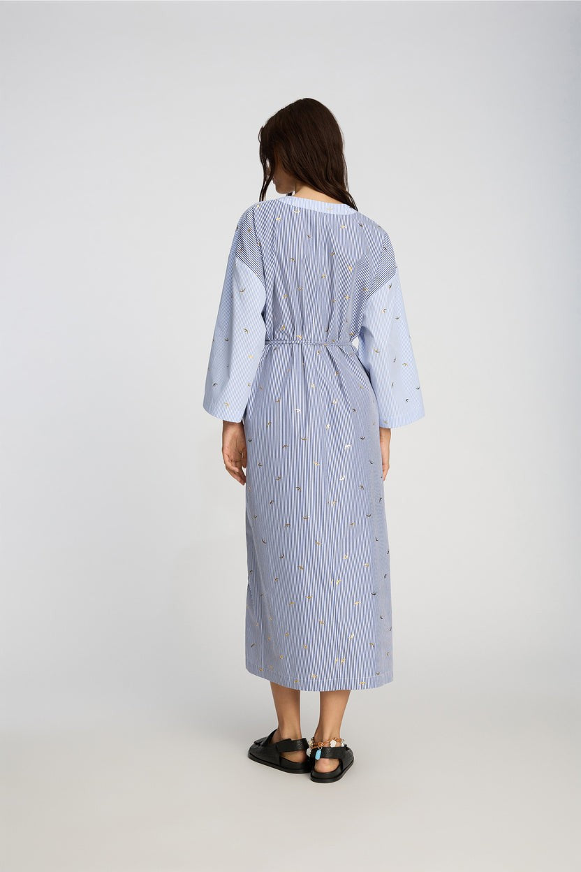 MUNTHE BYRUS Stripes Cotton V-Neck Midi Dress - Blue/White - EU 40/UK 12