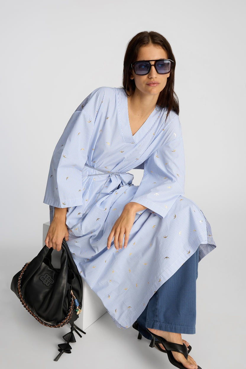 MUNTHE BYRUS Stripes Cotton V-Neck Midi Dress - Blue/White - EU 40/UK 12