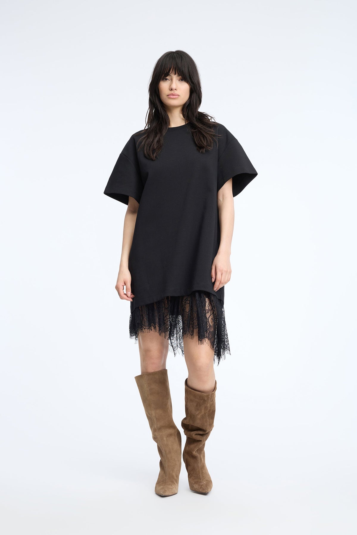 MUNTHE Rosie Short-Sleeved T-shirt Lace Hem Loose Dress - Black EU40/UK12