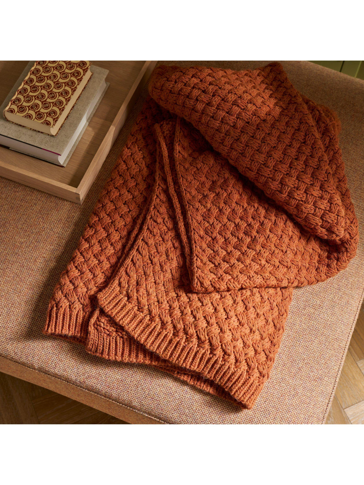 Neptune Hetton Wool Blend Open Knit Bedroom Throw Blanket 200 x 140cm - Rust