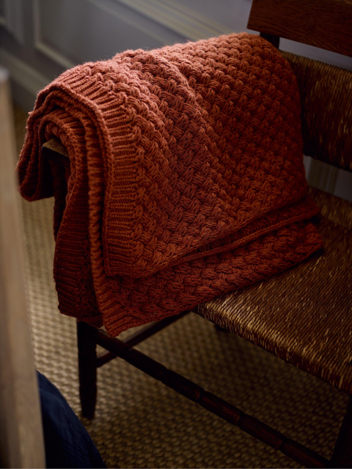 Neptune Hetton Wool Blend Open Knit Bedroom Throw Blanket 200 x 140cm - Rust
