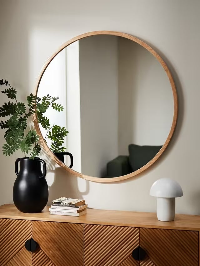 John Lewis Slim Solid Oak Wood Round Decorative 100cm Wall Mirror - Natural