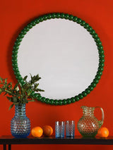 Där Ruan Bobbin Round Wood Frame Decorative Wall Mirror Dia.70cm - Green