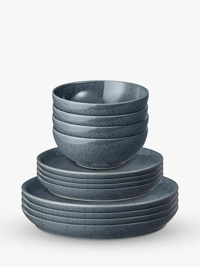 Denby Dark Grey Speckle Stoneware Coupe Dinnerware Set 12 Piece - Grey - Kazoop 