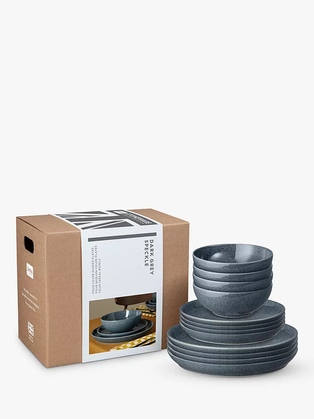 Denby Dark Grey Speckle Stoneware Coupe Dinnerware Set 12 Piece - Grey - Kazoop 