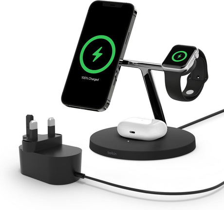 Belkin Boost Charge Pro 3-in-1 MagSafe Wireless Charger Stand 15W - Black - Kazoop 