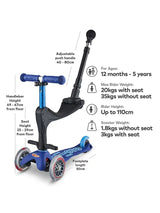 Micro Scooters Mini 3in1 Deluxe Ride On Scooter 1-5 Years Adjustable - Blue