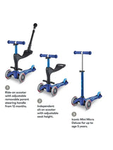 Micro Scooters Mini 3in1 Deluxe Ride On Scooter 1-5 Years Adjustable - Blue - Kazoop 