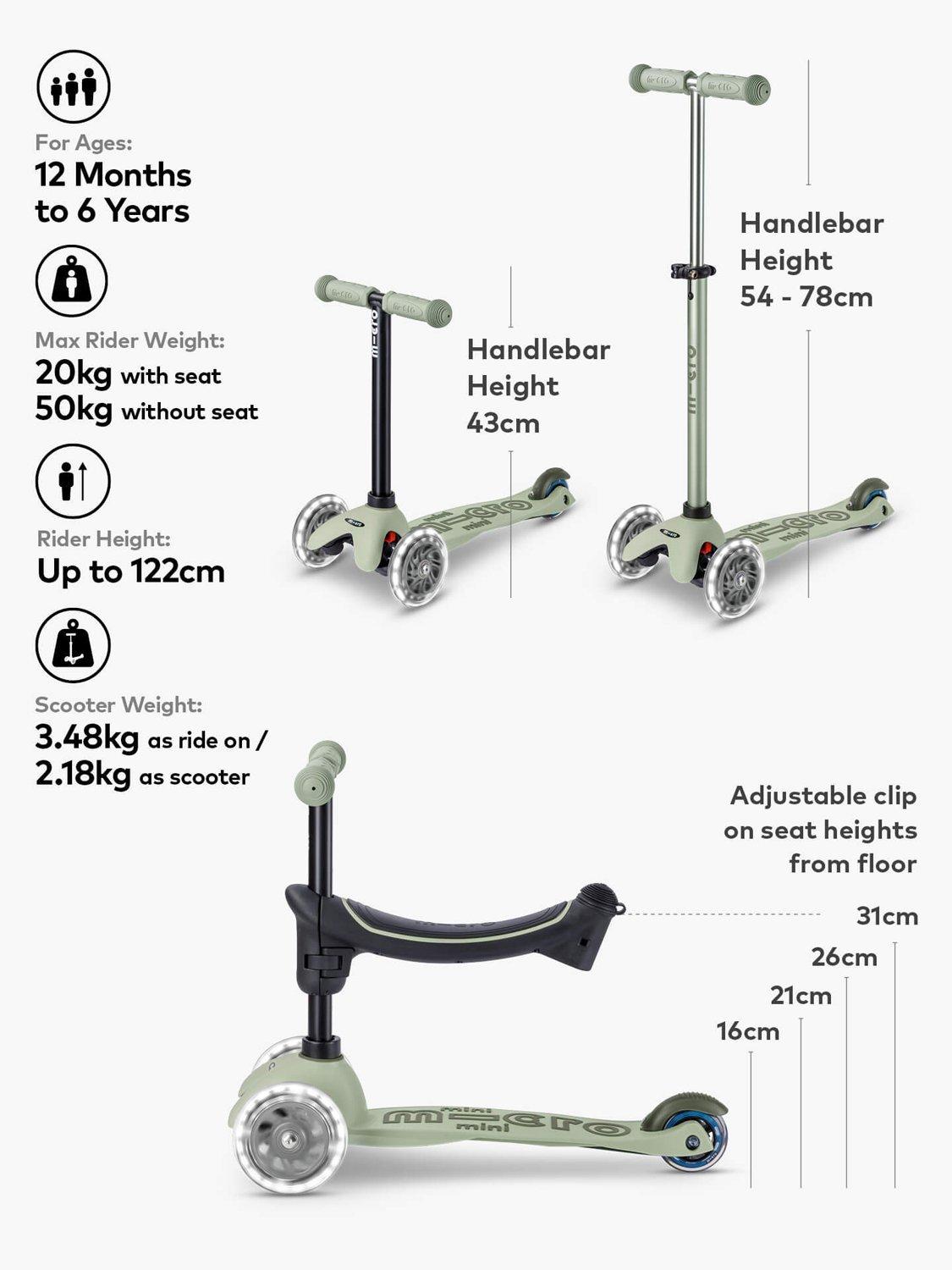 Micro Scooters MMD381 Mini2Grow Deluxe 4-in-1 LED Ride-On Kids Scooter Sage