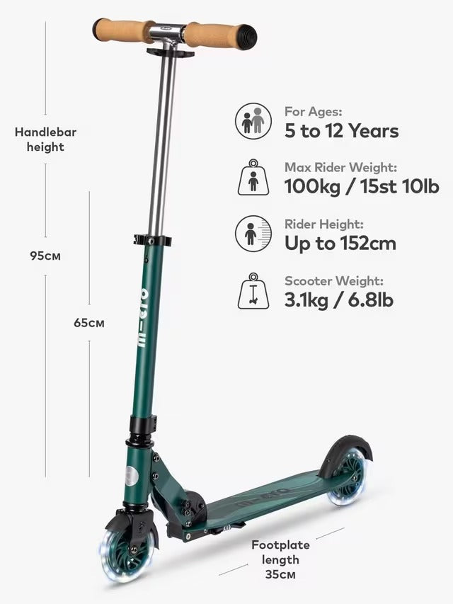 Micro Scooters Sprite Eco LED Wheels Age 5+ Kids Outdoor Push Scooter Green