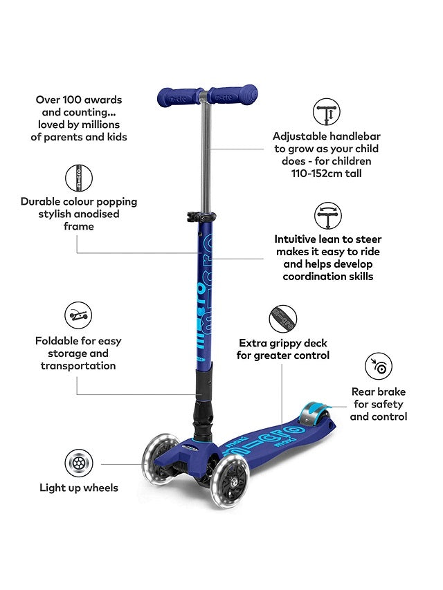 Micro Scooters Maxi Micro Deluxe Foldable Lightweight LED Kids Scooter Navy - Kazoop 