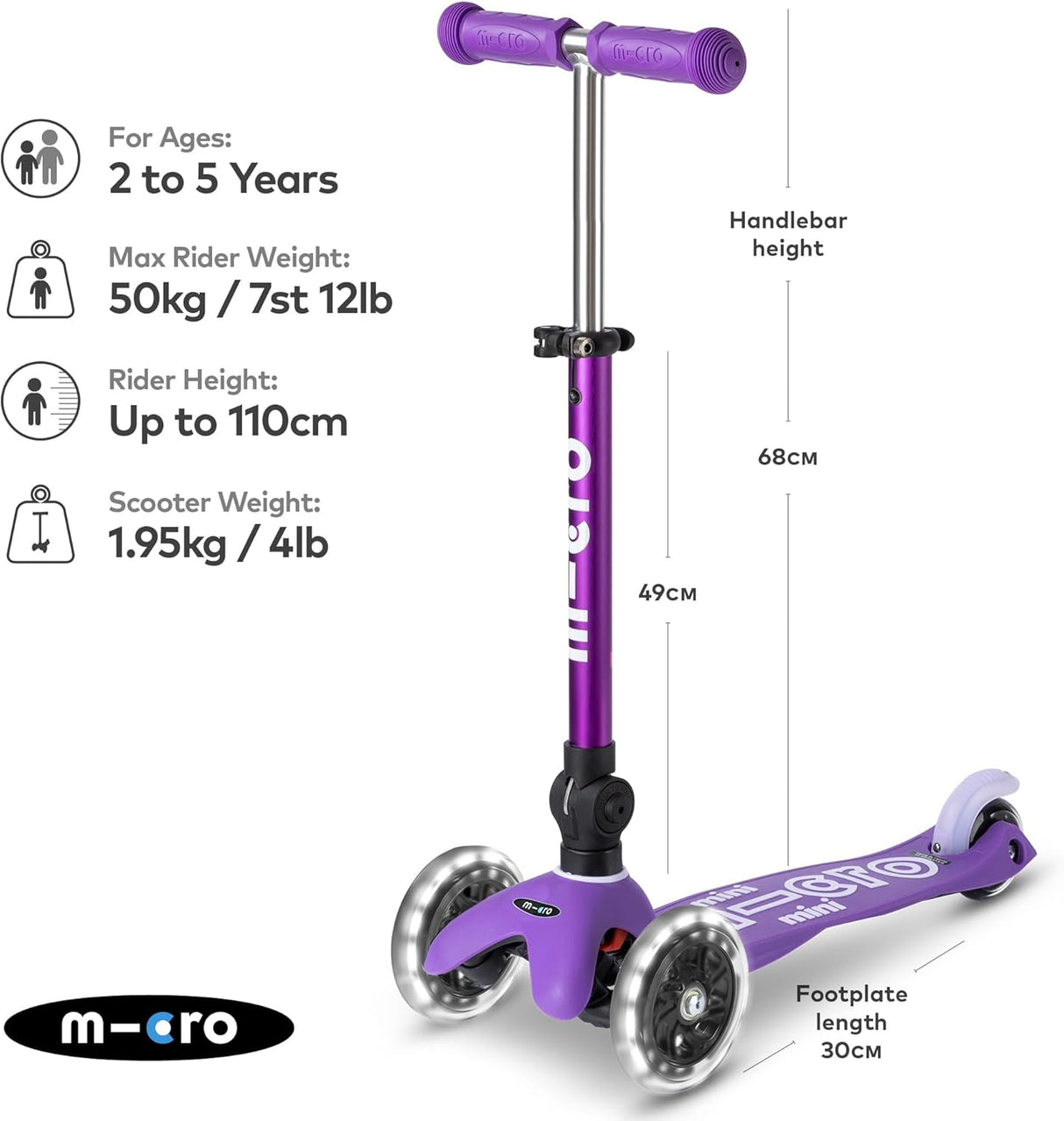 Micro Scooters 3 Wheel Kids 2-5 Years Foldable Mini LED Scooter - Purple - Kazoop 