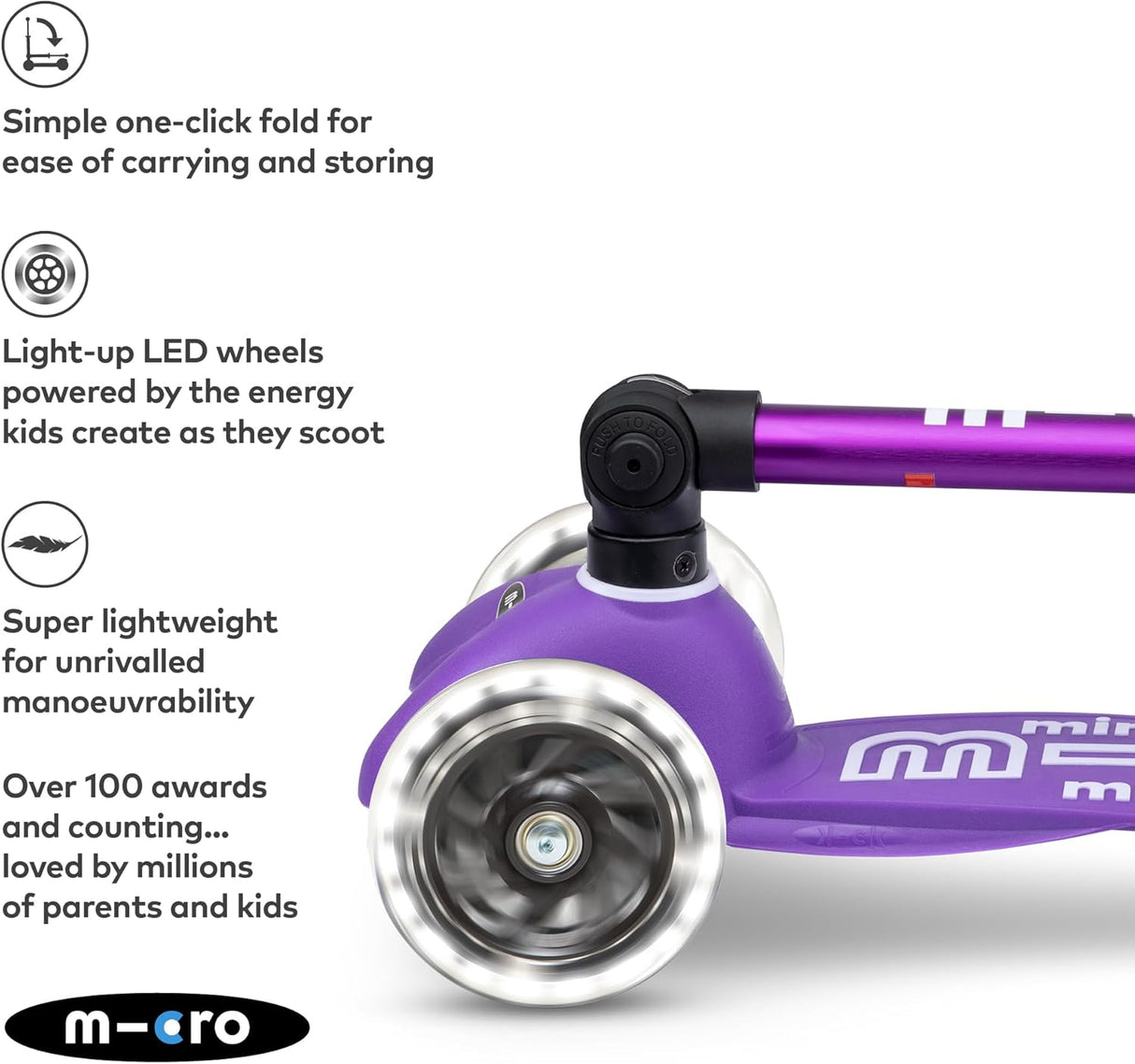 Micro Scooters 3 Wheel Kids 2-5 Years Foldable Mini LED Scooter - Purple - Kazoop 