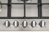 SIA R6 70cm Stainless Steel 5 Burner Gas Hob Cast Iron Pan Supports - Silver