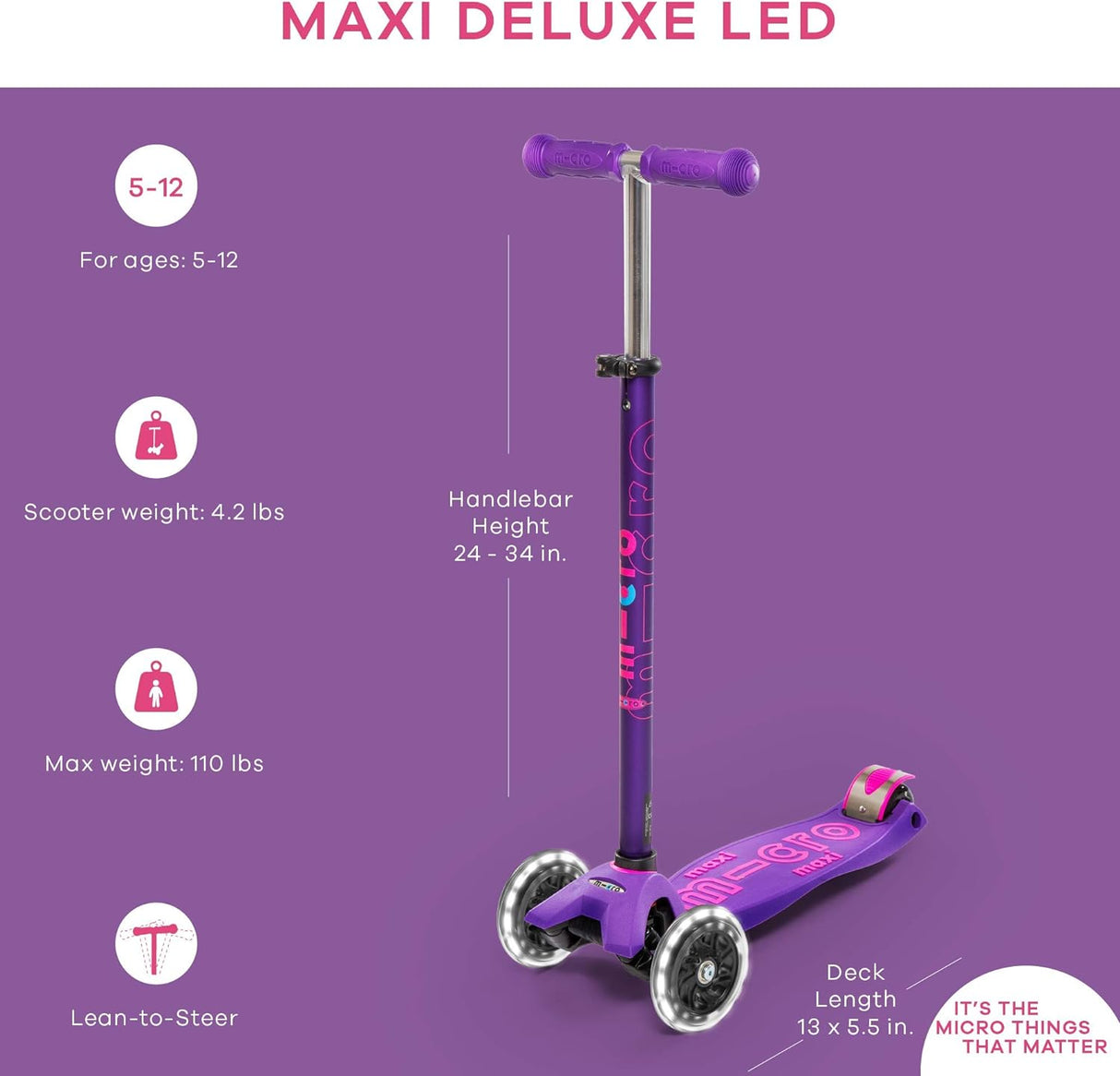 Micro Scooters Maxi Deluxe LED Scooter with Adjustable Handlebar - Purple - Kazoop 
