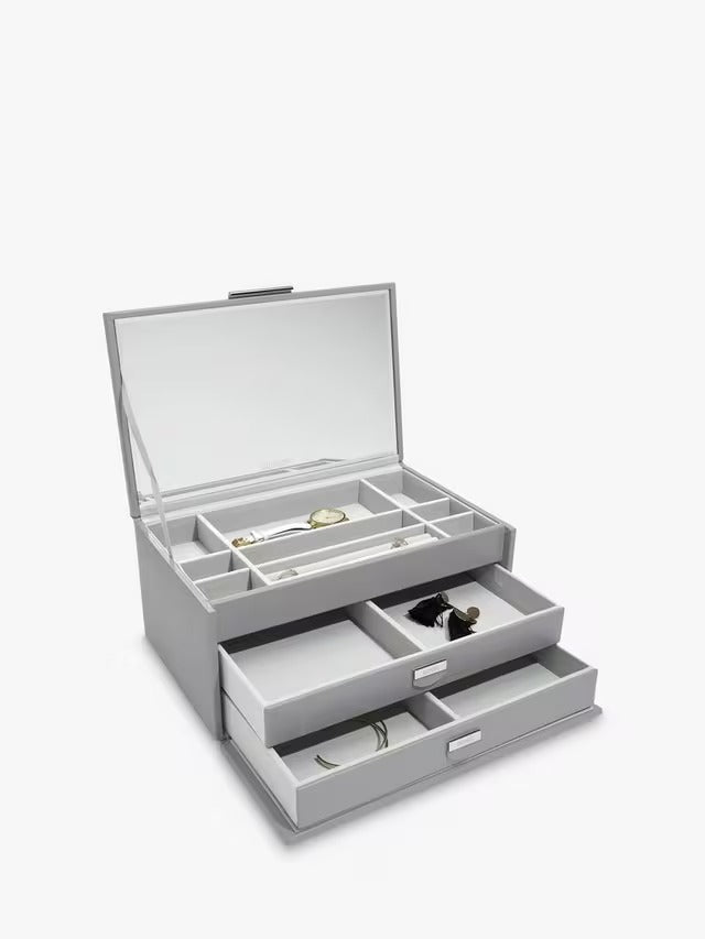 Dulwich Designs Leather Large Women's Jewellery Box with Drawers/Mirror Grey