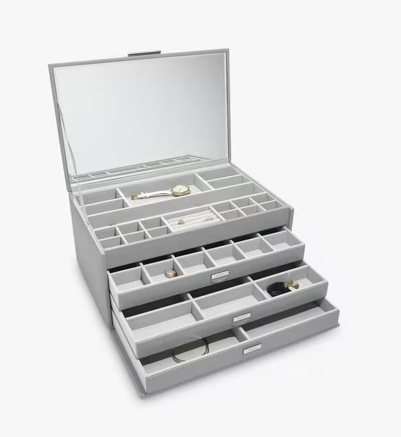Dulwich Designs Extra Large Stackable Grey Leather Jewellery Box with Mirror