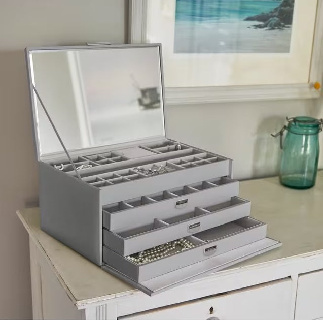 Dulwich Designs Extra Large Stackable Grey Leather Jewellery Box with Mirror