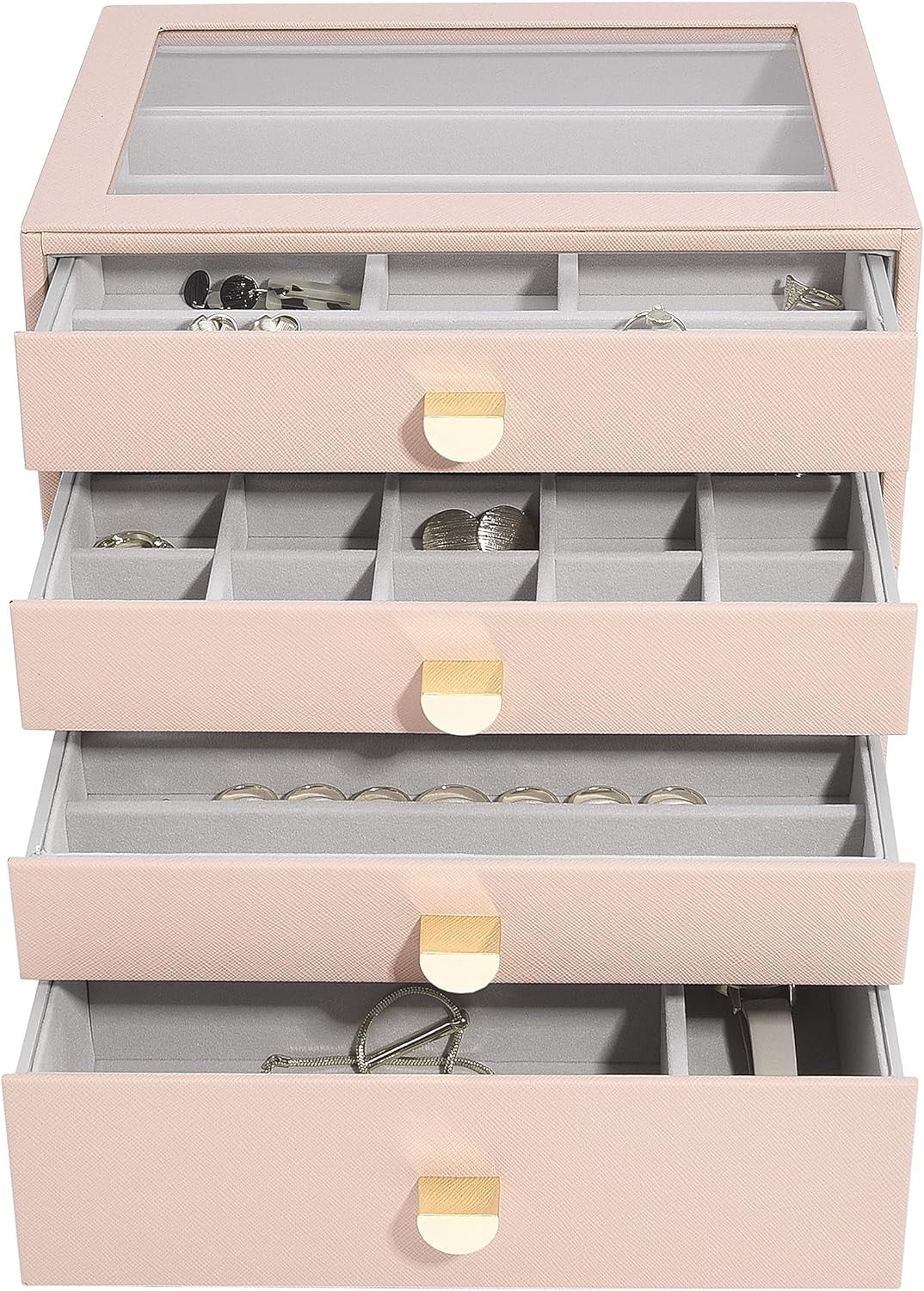 Stackers Glass Lid 4 Drawer Classic Jewellery Box - Blush Pink - Kazoop 