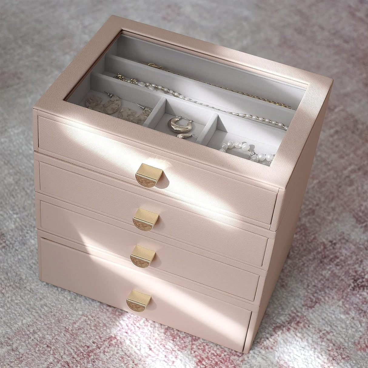 Stackers Glass Lid 4 Drawer Classic Jewellery Box - Blush Pink - Kazoop 
