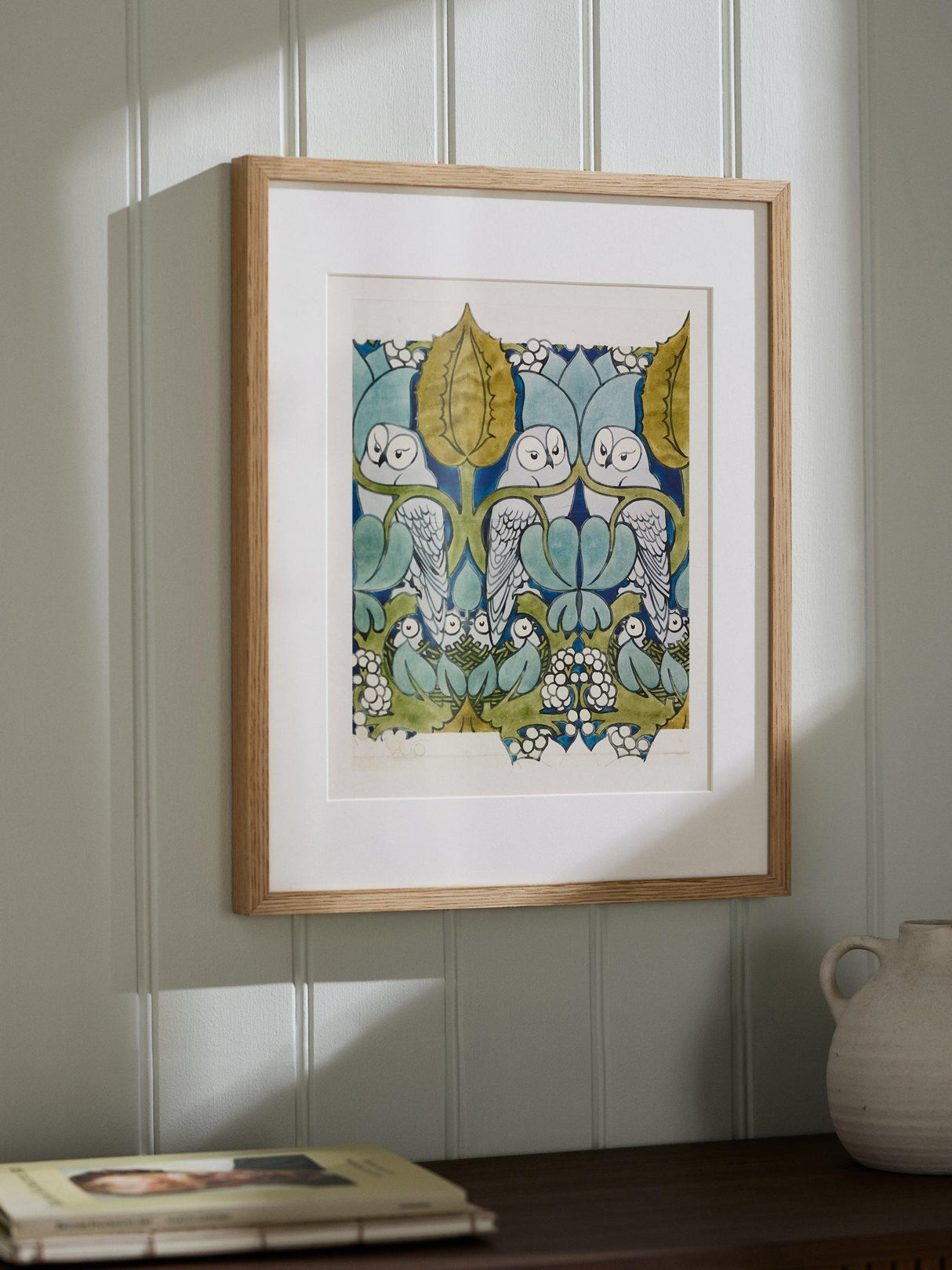 John Lewis V&A CFA Voysey 'The Owl' Oak Framed Print 50 x 40cm - Blue/Green