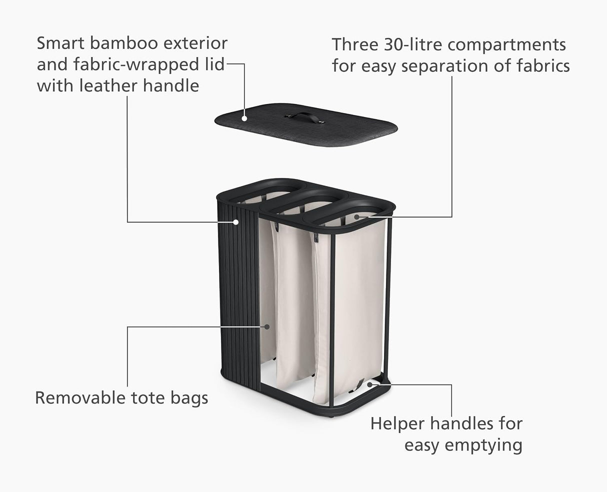 Joseph Joseph Tota Trio Luxe 90L Bamboo Laundry Basket 3 x 30L - Luxe Black