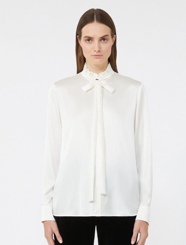 MaxMara Studio Womens Silk Satin Ruched Collar Blouse Top - Ivory - UK 12