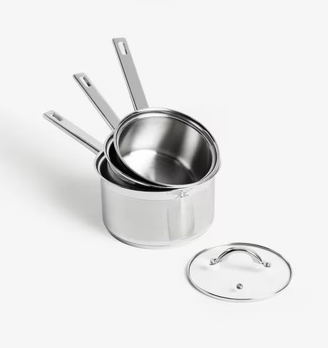 John Lewis Classic 3 Pieces Saucepan & Glass Lid Set - Stainless Steel