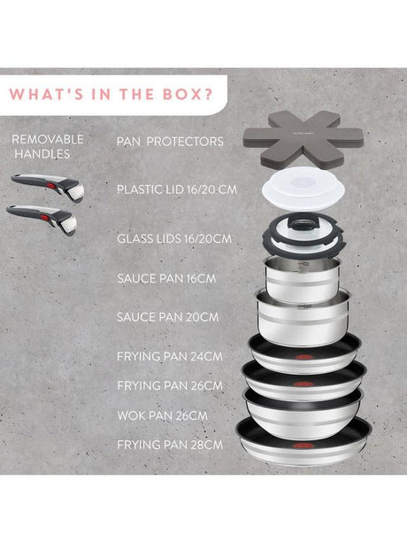 Jamie Oliver Tefal Ingenio Stainless Steel Pans Lids Utensils Set - 18 Piece