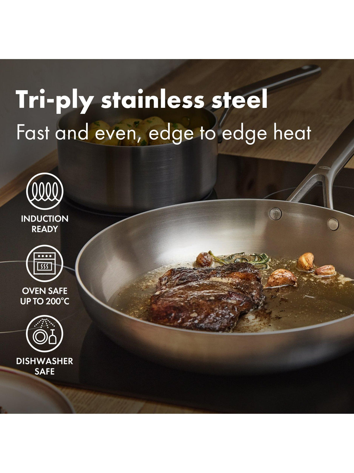 OXO Mira Tri-Ply Uncoated Steel Fry Pan Set - 20cm & 26cm - Stainless Steel