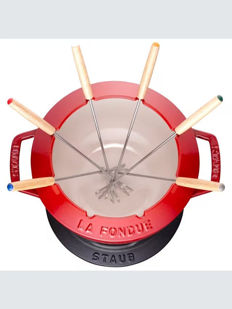 STAUB Cast Iron Oven Safe Cheese Chocolate 18cm Fondue Set - Cherry Red