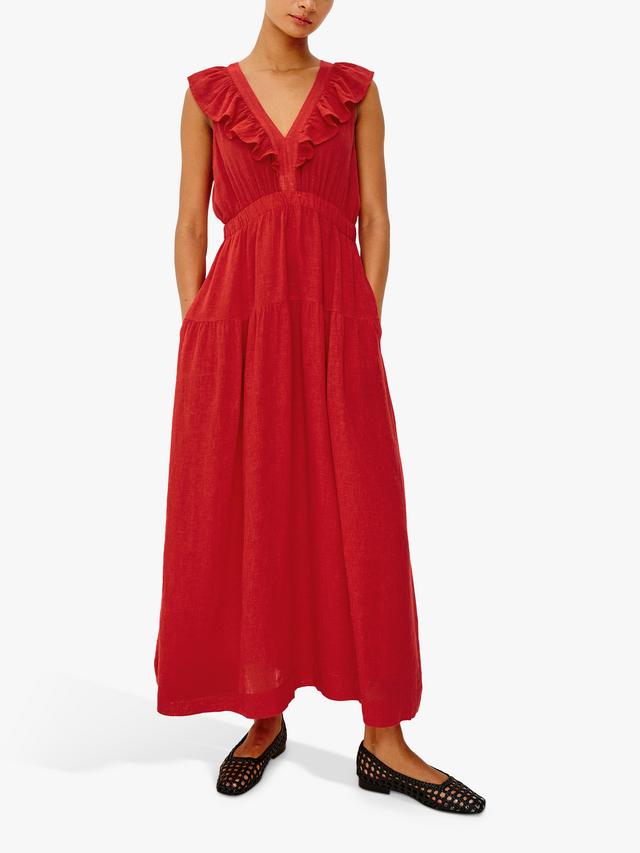 Rails Beaux Sleeveless Ruffle Neck Linen Blend Maxi Dress - Tomato - Large
