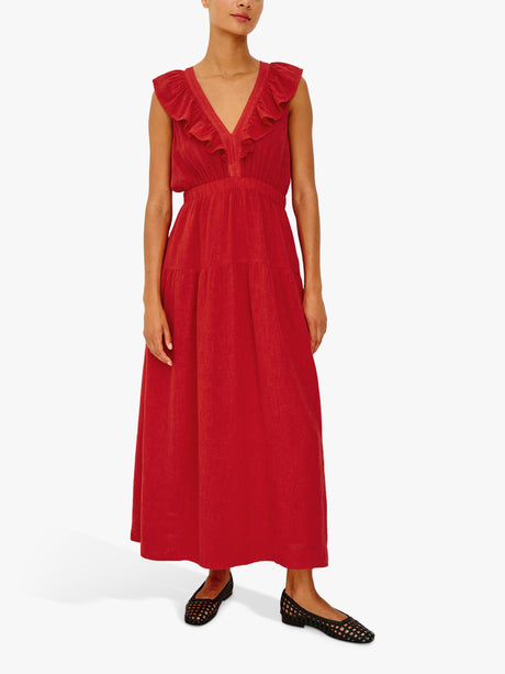Rails Beaux Sleeveless Ruffle Neck Linen Blend Maxi Dress - Tomato - Large