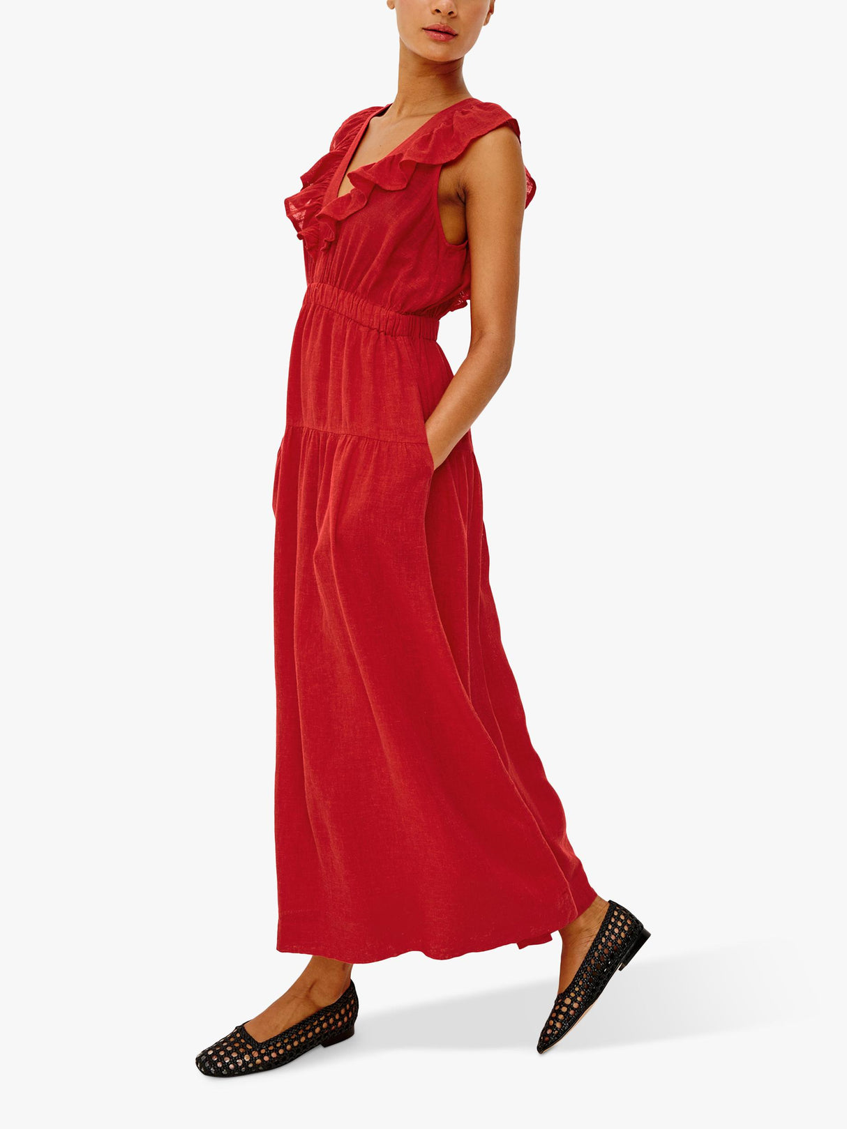 Rails Beaux Sleeveless Ruffle Neck Linen Blend Maxi Dress - Tomato - Large