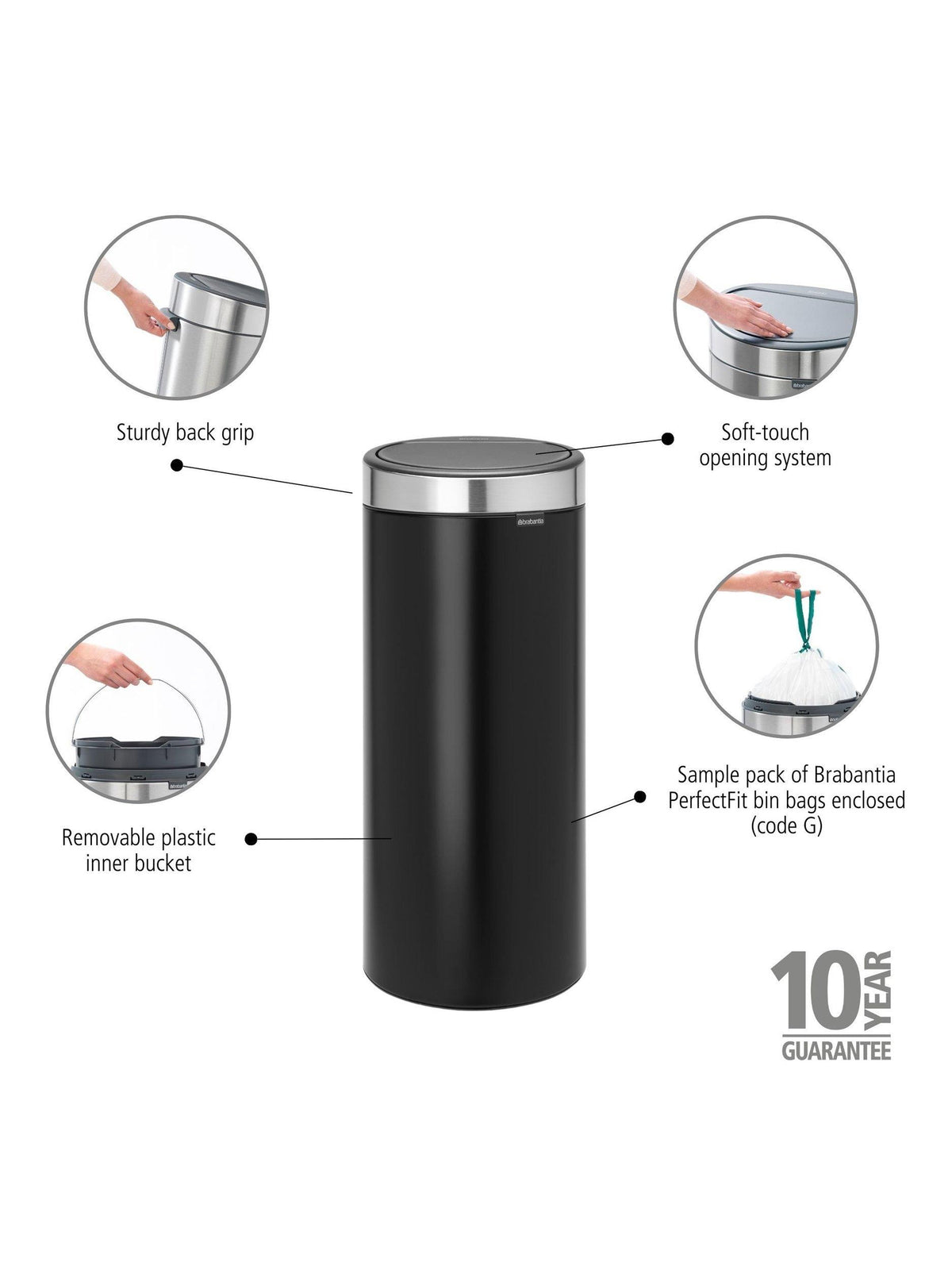 Brabantia Fingerprint Proof Stainless Steel 30L Kitchen Touch Bin Matt Black