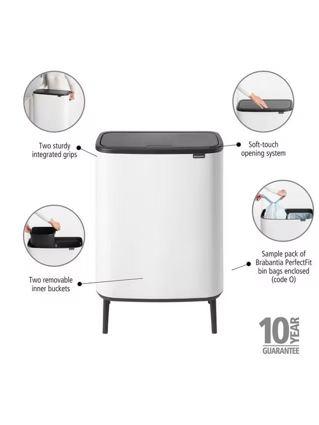 Brabantia Bo Hi 2 x 30L Modern Indoor Kitchen Slim Recycling Touch Bin White