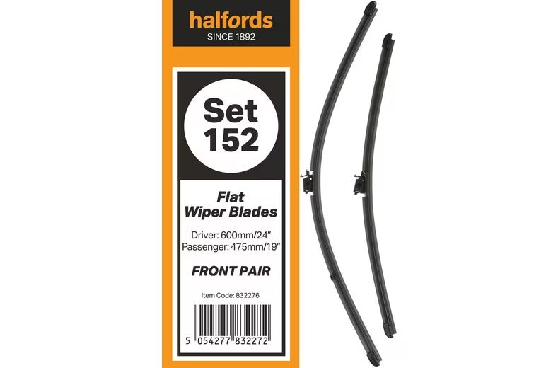 Halfords Flat Wiper Blade Set 152 Front Pair 600mm/24" & 475mm/19" - Black