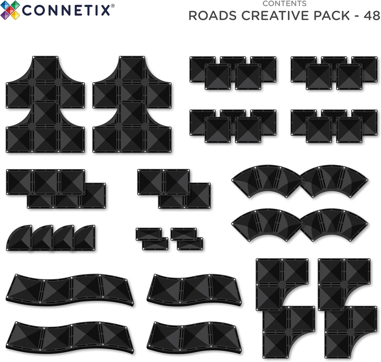 Connetix Roads Creative Pack Magnetic Tiles 48 Piece Set for Kids - Black