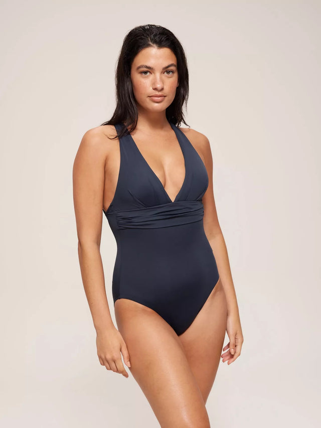Seafolly Collective Cross Back Deep V One Piece Swimsuit - Navy - Size 12 - Kazoop 