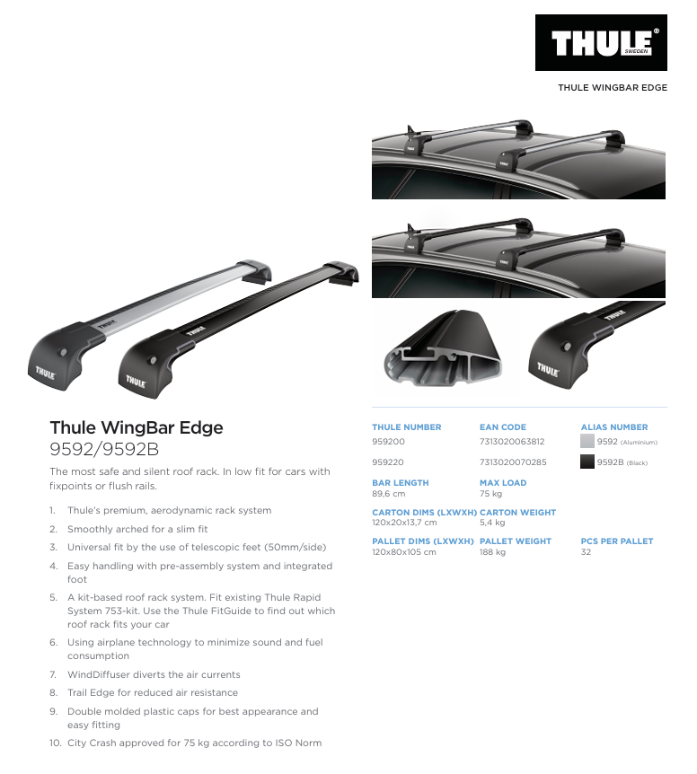 Thule WingBar Edge 9592B Low Profile Aero Roof Bars Pair 84.4cm - Black